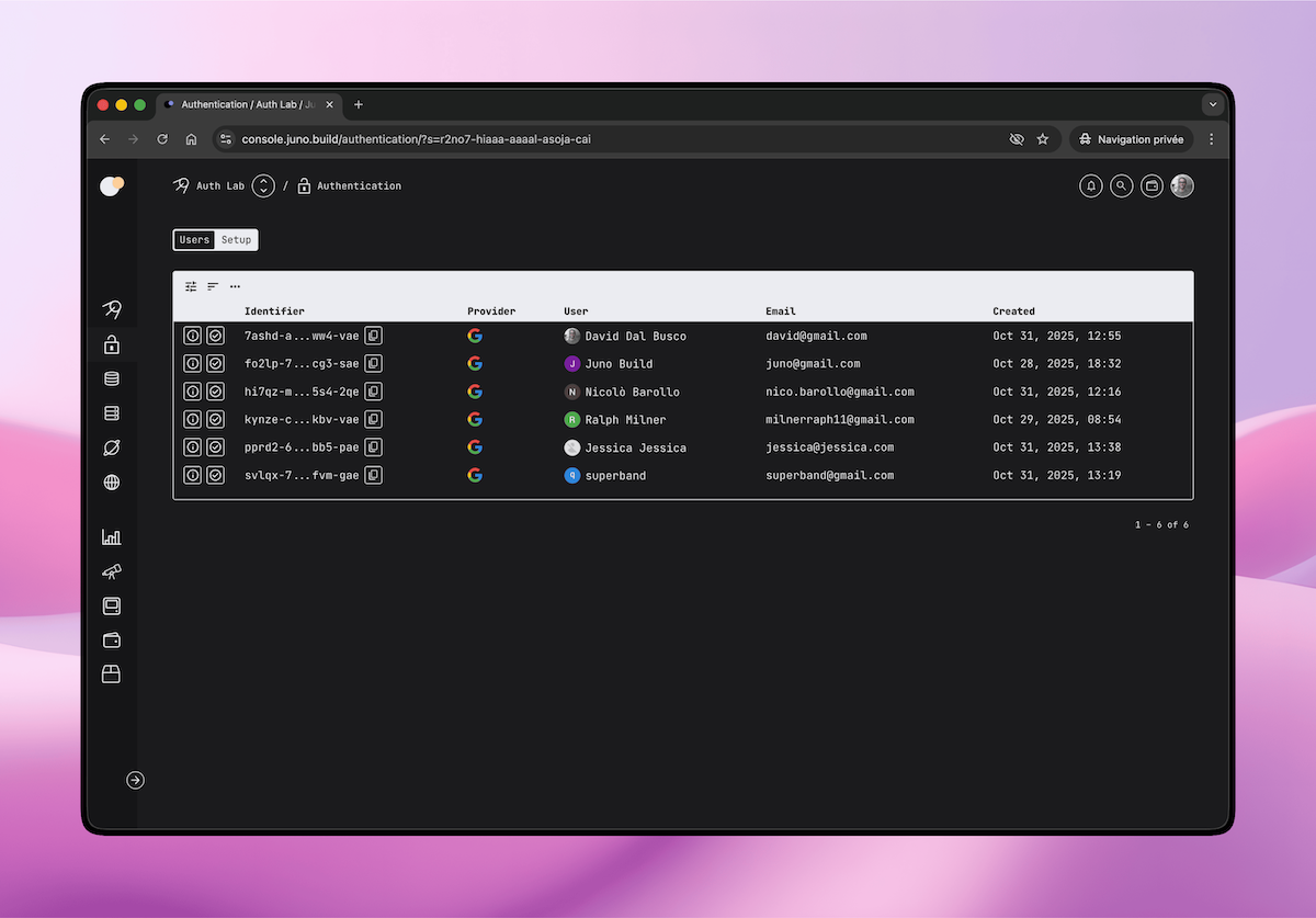 Screenshot of the Juno Console showing users authenticated with Google
