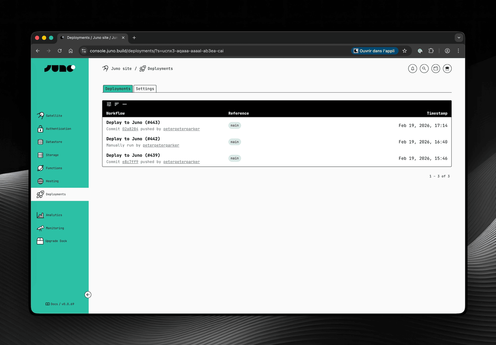 The new Deployments screen in the Juno Console, listing GitHub Actions workflow
