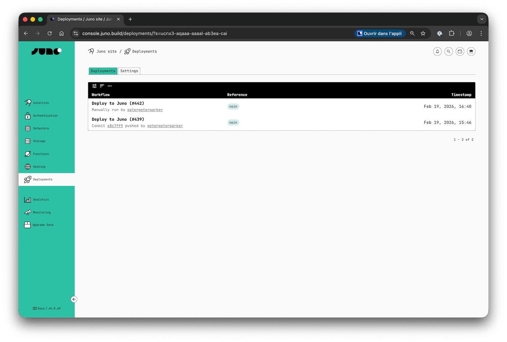 A screenshot of the Deployments page in Juno Console with few executed worfklows