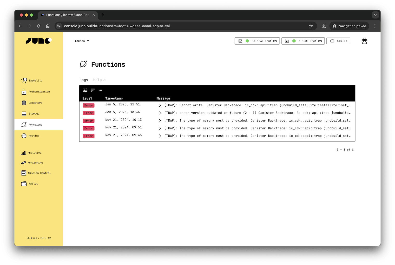 A screenshot of the Juno&#39;s Console feature to browse logs