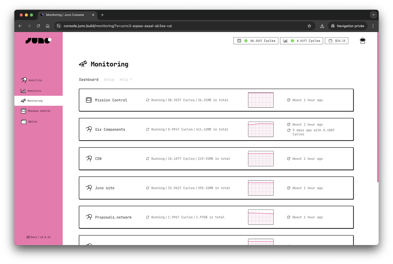 A screenshot of the monitoring overview within Juno Console