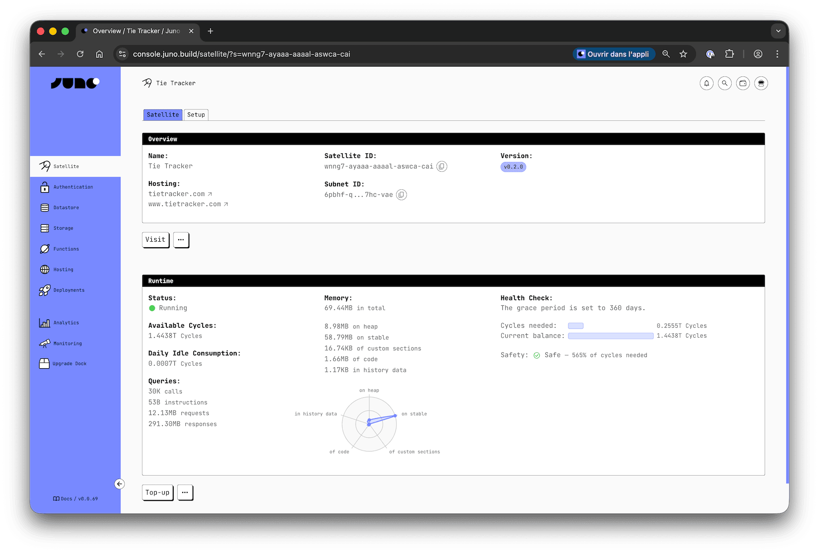 A screenshot of the Overview tab in Juno Console where the Satellite ID finds place