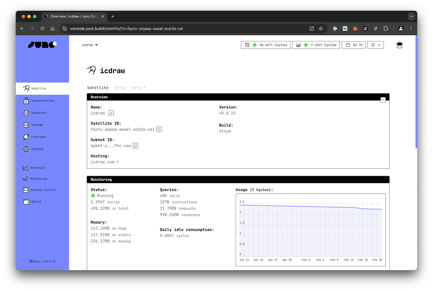 A screenshot of the Overview tab in Juno Console where the Satellite ID finds place