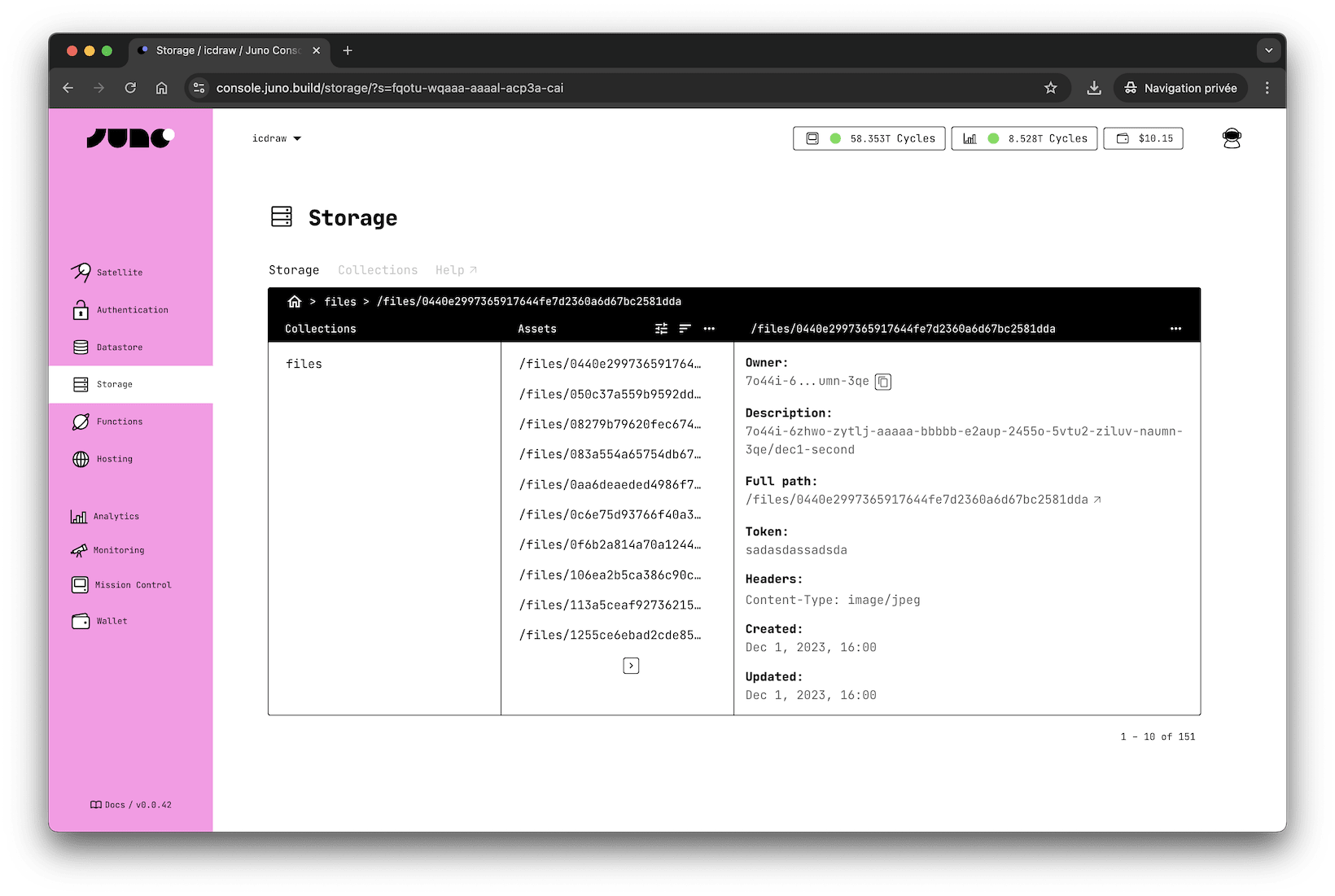 A screenshot of the Storage in Juno&#39;s Console