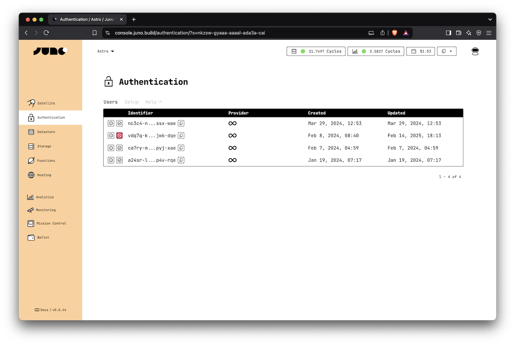 A screenshot of the Juno Console&#39;s Authentication section, displaying the user management interface with options to ban or unban users