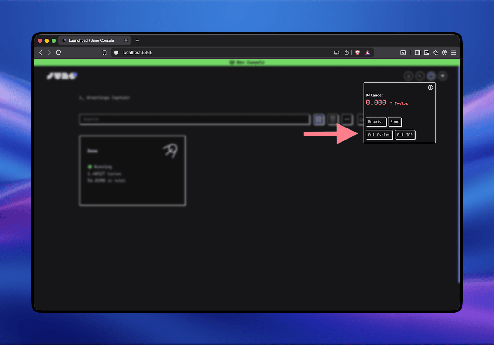 A screenshot of the wallet with the Get Cycles call to action of Console UI in dev mode