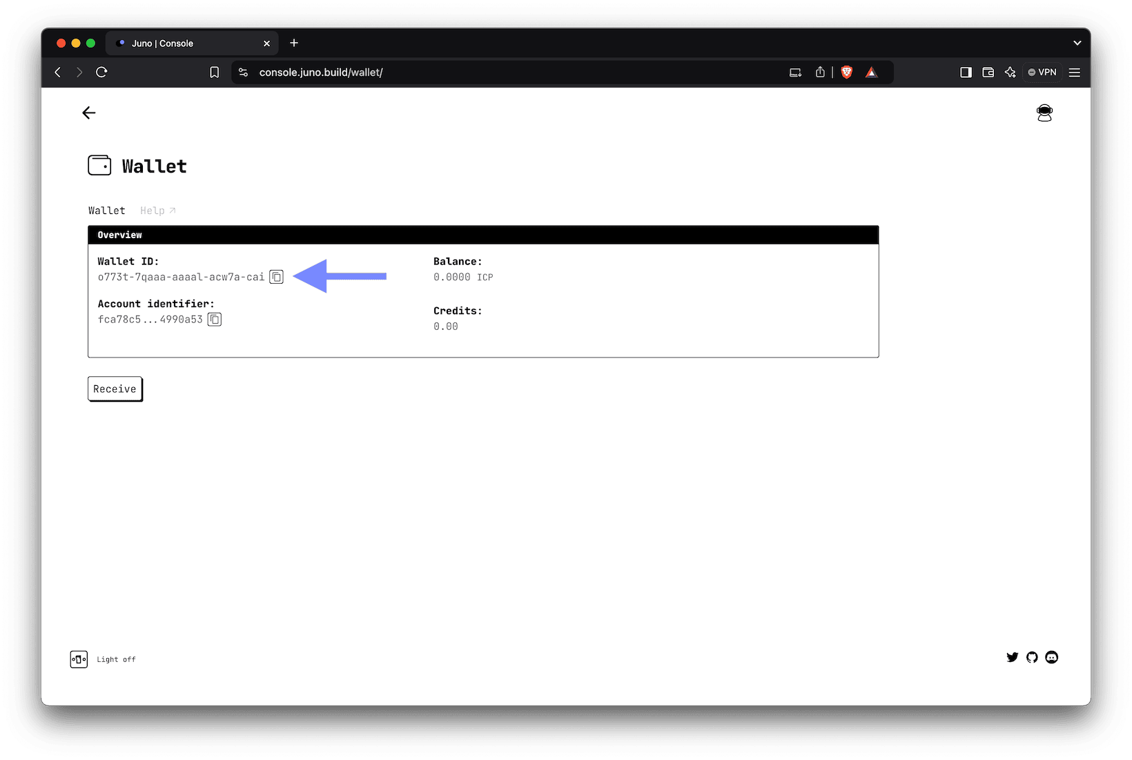 A screenshot of the wallet with &quot;Wallet ID&quot; information