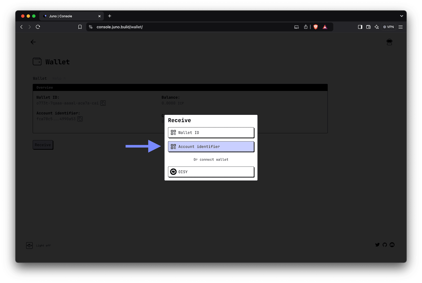 A screenshot of the wallet &quot;Receive&quot; modal with an arrow pointing to the Account Identifier option