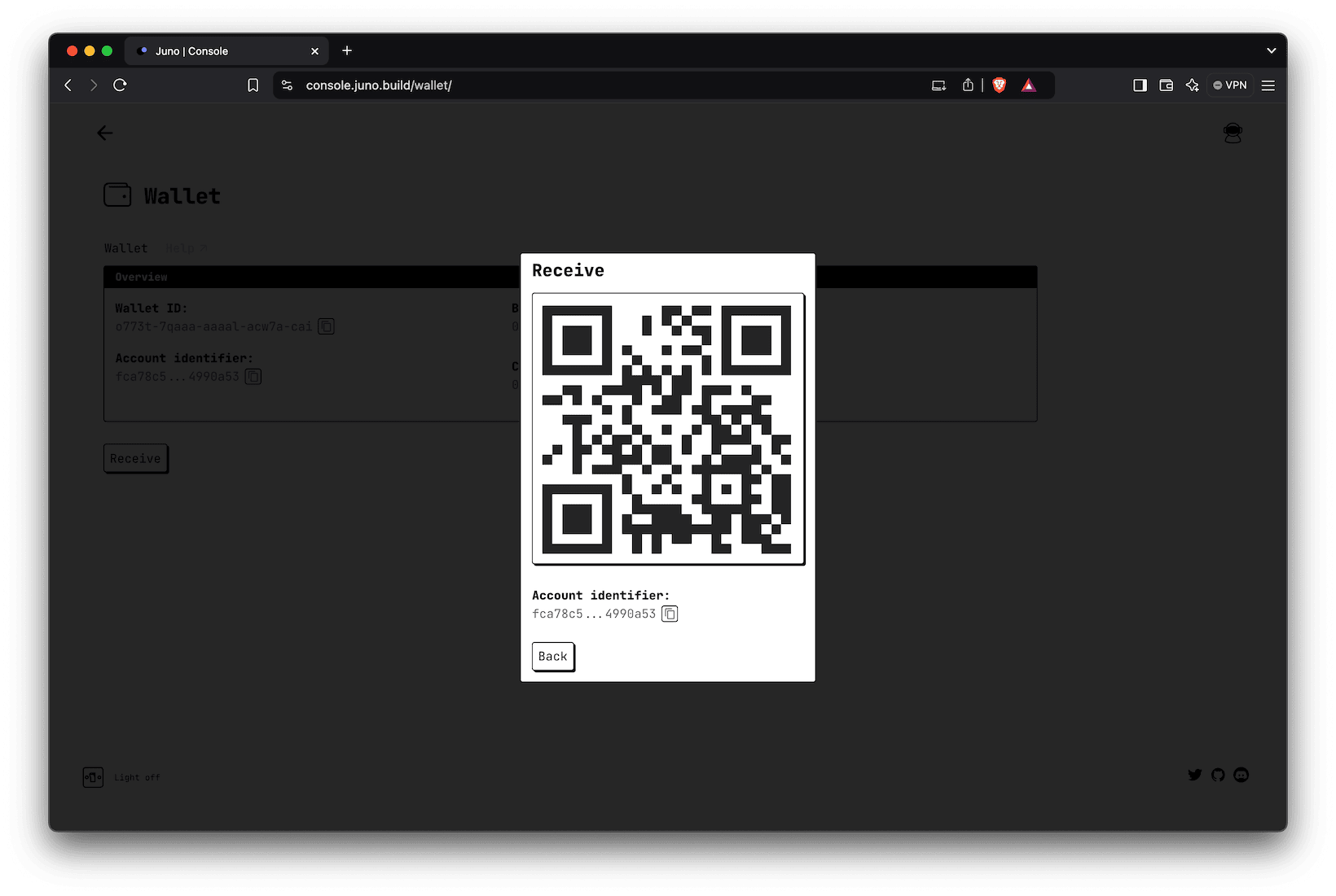 A screenshot of the Account Identifier and QR code