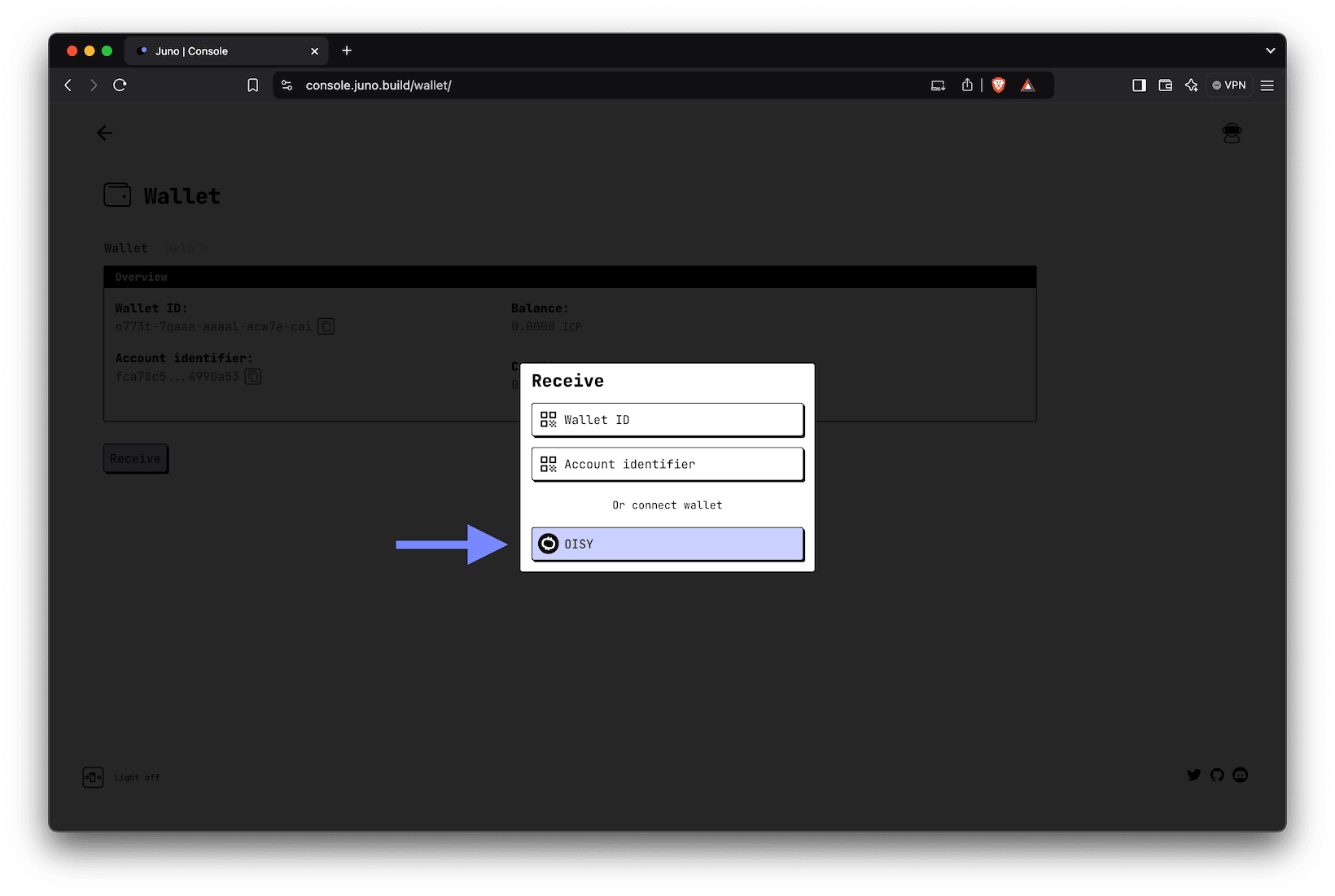 A screenshot of the wallet &quot;Receive&quot; modal with an arrow pointing to the OISY option