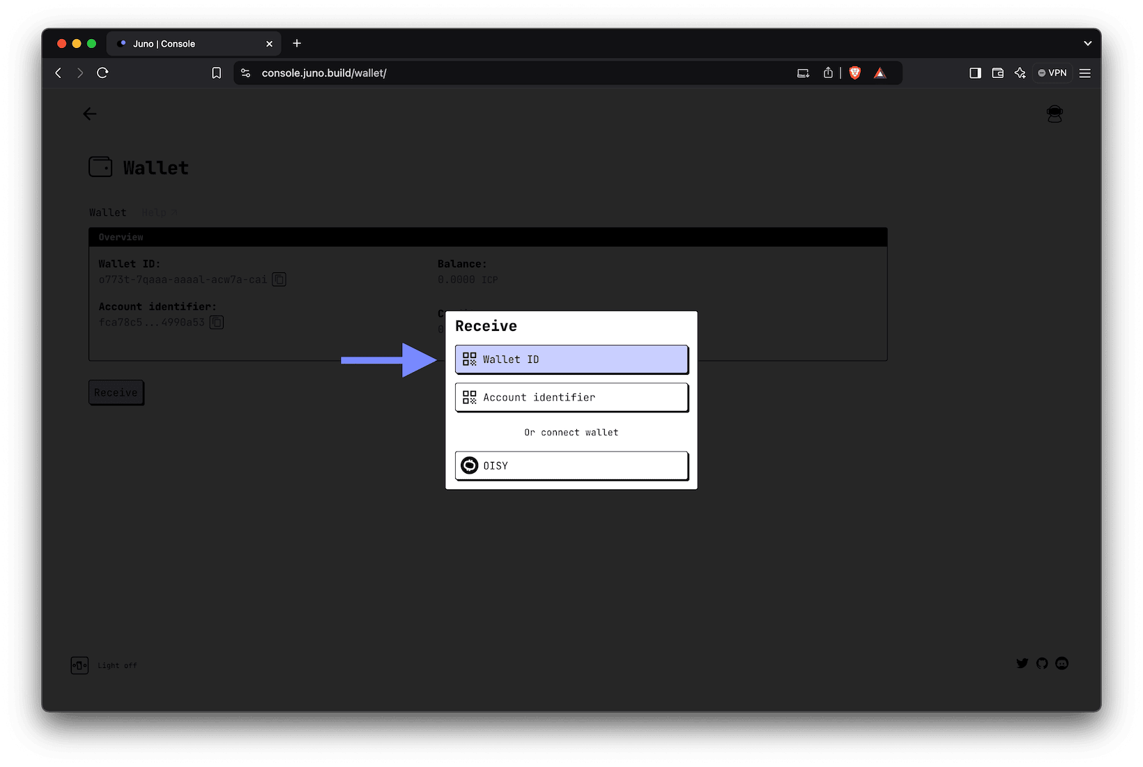 A screenshot of the wallet &quot;Receive&quot; modal with an arrow pointing to the Wallet ID option