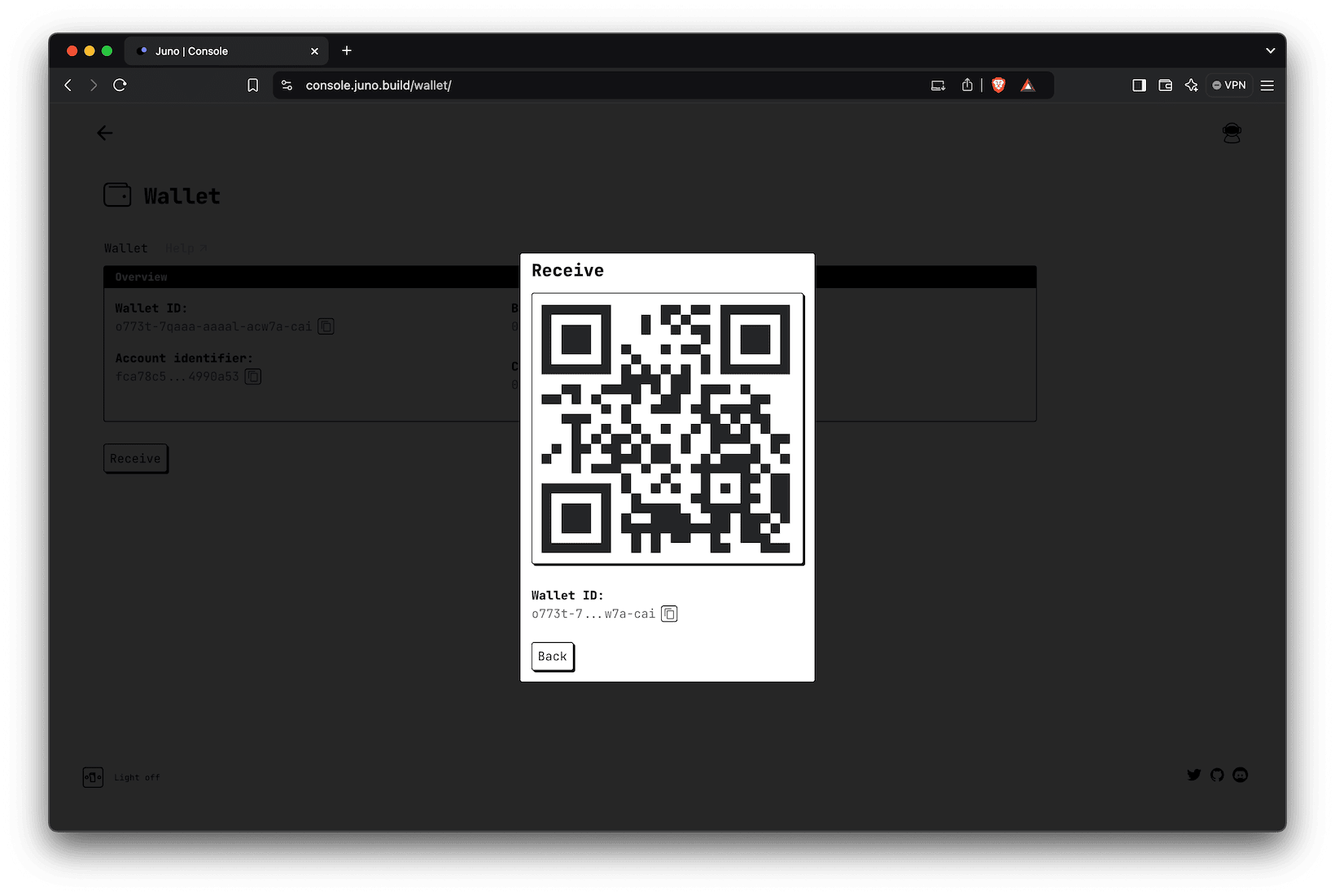 A screenshot of the Wallet ID and QR code